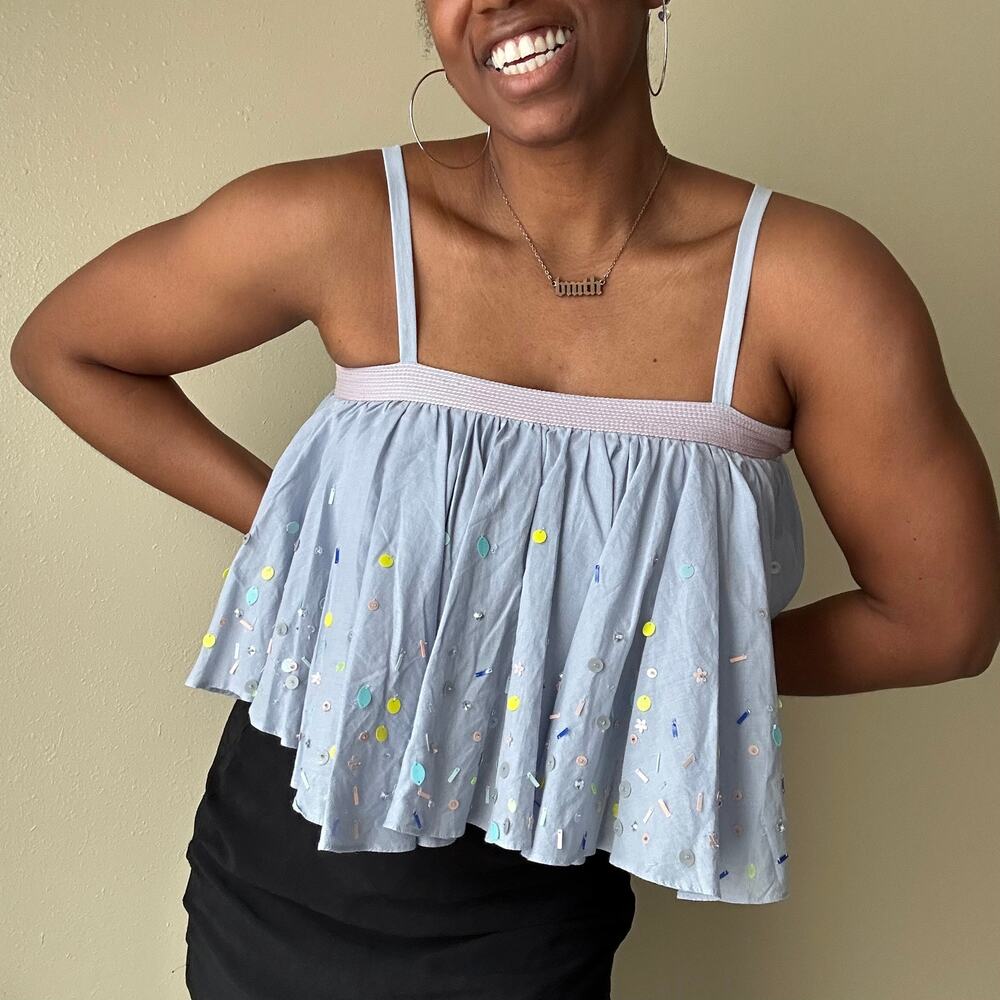 Pankaj and Nidhi Periwinkle Sequin Pleated Top 100% Cotton Size Small
